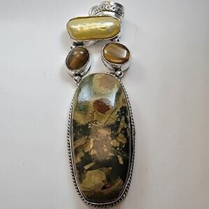 Necklace Pendants Rainforest Jasper with Tiger’s Eye and Pearl in Silver Setting